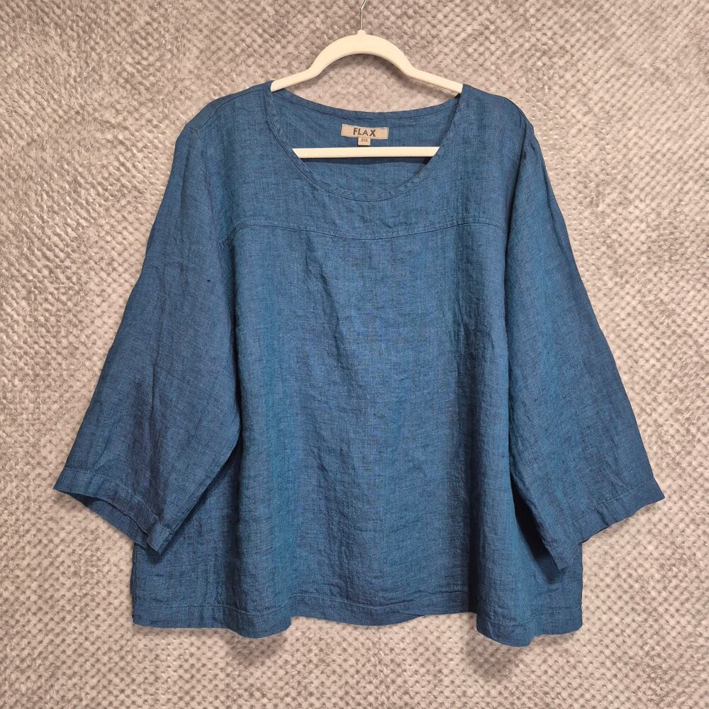 Flax Linen Pullover Shirt 3/4 Sleeve Size 2G Blue Coastal Lagenlook